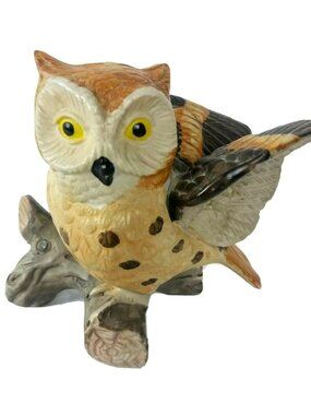Horned Owl Figurine Bisque Porcelain on Branch Multicolor Wings Out Vintage 5"